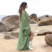 Sheer Cotton Kaftan Dress: Mist Jade Green Boho Ruffle Kimono Robe - Ondine - Image 2