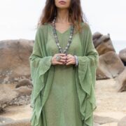 Sheer Cotton Kaftan Dress: Mist Jade Green Boho Ruffle Kimono Robe - Ondine - Image 6
