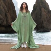 Sheer Cotton Kaftan Dress: Mist Jade Green Boho Ruffle Kimono Robe - Ondine - Image 7