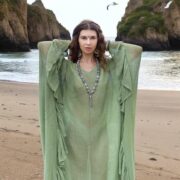 Sheer Cotton Kaftan Dress: Mist Jade Green Boho Ruffle Kimono Robe - Ondine - Image 10