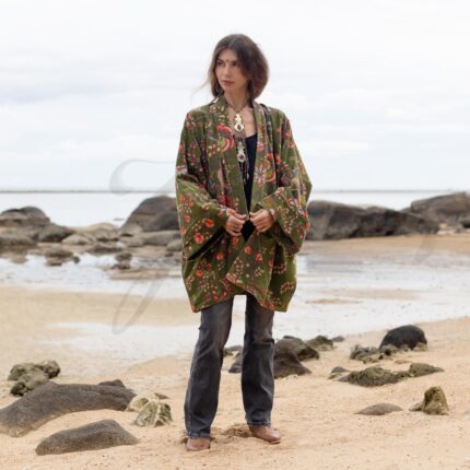 Plus Size Velvet Kimono Jacket: Olive Tapestry Bloom Floral Duster - Mei