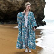 Plus Size Velvet Kimono Duster: Serene Sky Floral Boho Robe - Harper Jade - Image 5