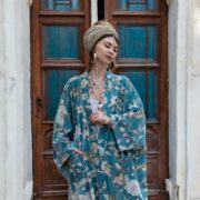 Plus Size Velvet Kimono Duster: Serene Sky Floral Boho Robe - Harper Jade - Image 4