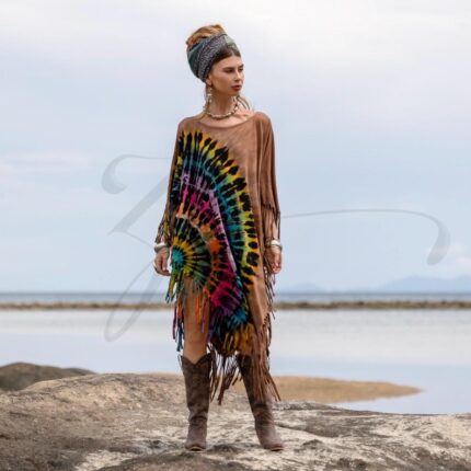 Plus Size Boho Tie-Dye Fringe Tunic Dress: Handmade Cotton Kaftan - Arlo