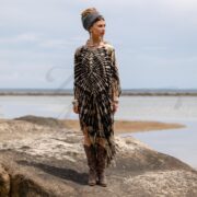 Boho Tie Dye Fringe Tunic – Arlo Noir Ripple Cotton Kaftan Dress, Handmade Festival Poncho, Plus Size Beach Cover Up Outfit by ZinniaPearl