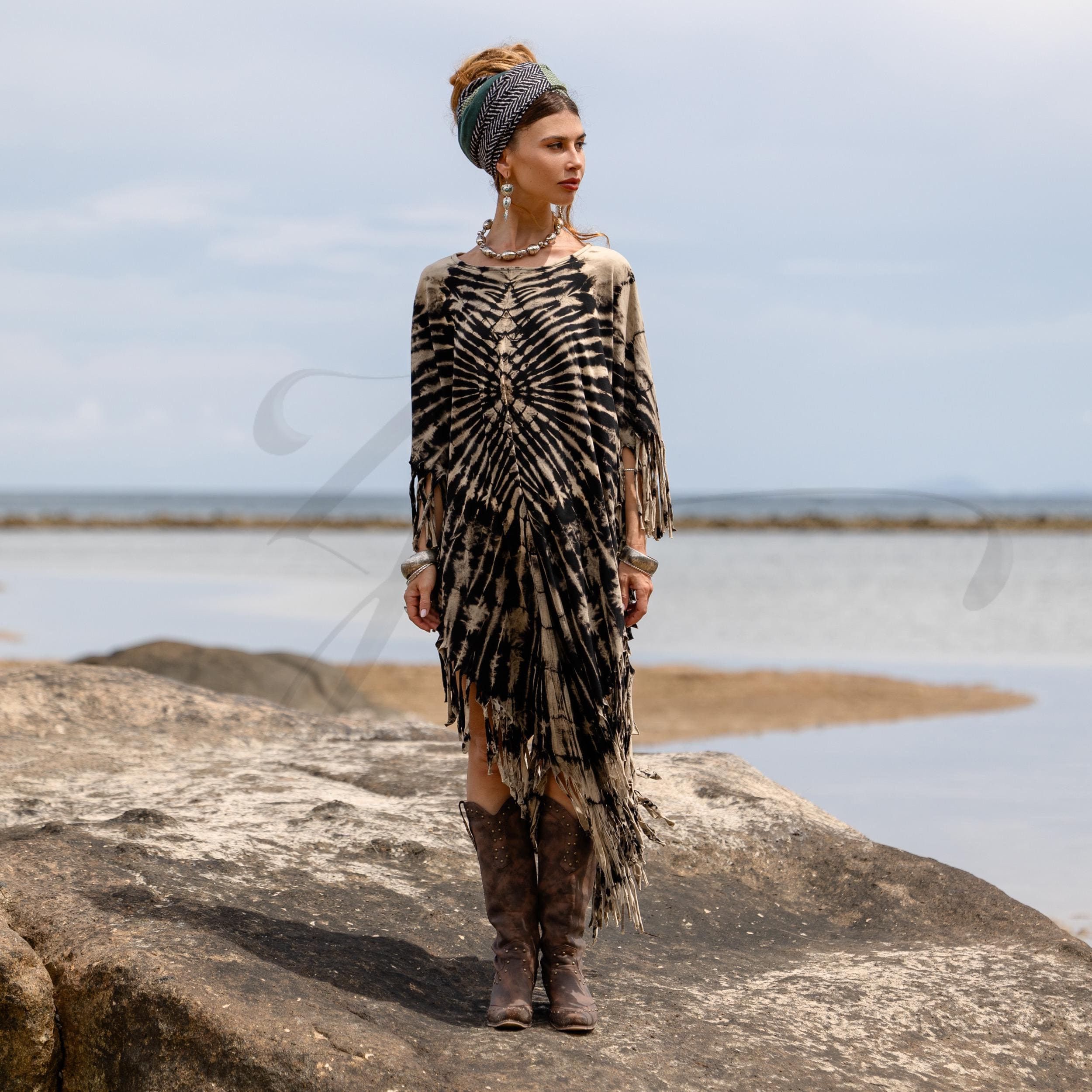 il_fullxfull.6931399459_lsj6.jpg Boho Tie Dye Fringe Tunic – Arlo Noir Ripple Cotton Kaftan Dress, Handmade Festival Poncho, Plus Size Beach Cover Up Outfit by ZinniaPearl - Image 1