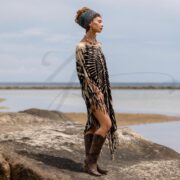 Boho Tie Dye Fringe Tunic – Arlo Noir Ripple Cotton Kaftan Dress, Handmade Festival Poncho, Plus Size Beach Cover Up Outfit by ZinniaPearl - Image 2