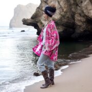 Rosewater Pink Velvet Kimono Robe: Boho Floral Cotton Jacket - Mei - Image 2