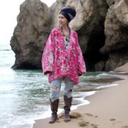 Rosewater Pink Velvet Kimono Robe: Boho Floral Cotton Jacket - Mei
