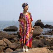 Handmade Tie Dye Cotton Kaftan Maxi Dress: Sunset Prism Boho Cover-Up - Nora