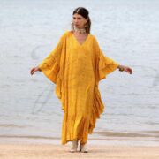 Boho Kaftan Maxi Dress: Solar Nectar Rayon Ruffle Gown - Wild heart