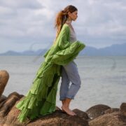 Avocado Green Ruffle Kimono Duster: Boho Raw Cotton Plus Size Robe. Bali - Image 2