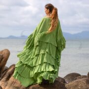 Avocado Green Ruffle Kimono Duster: Boho Raw Cotton Plus Size Robe. Bali - Image 3