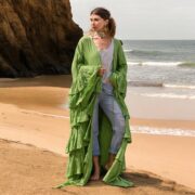 Avocado Green Ruffle Kimono Duster: Boho Raw Cotton Plus Size Robe. Bali - Image 7