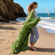 Avocado Green Ruffle Kimono Duster: Boho Raw Cotton Plus Size Robe. Bali - Image 9