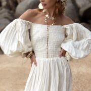 Plus Size Boho Cotton Maxi Dress: Cream Smocked Ruffle Gown - Isabella - Image 6