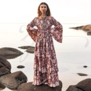 Boho Off-Shoulder Cotton Maxi Dress: Cinnamon Petal Floral Gown - Lucia