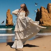 Handmade Boho Wedding Dress: Sandstone Gauze Off-Shoulder Tiered Maxi - Lucia - Image 4
