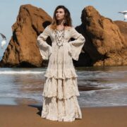 Handmade Boho Wedding Dress: Sandstone Gauze Off-Shoulder Tiered Maxi - Lucia