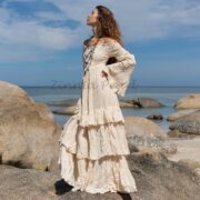 Handmade Boho Wedding Dress: Sandstone Gauze Off-Shoulder Tiered Maxi - Lucia - Image 7