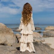 Handmade Boho Wedding Dress: Sandstone Gauze Off-Shoulder Tiered Maxi - Lucia - Image 8