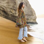 Plus Size Velvet Kimono Robe: Ochre Bloom Cotton Duster Coat - Mei - Image 8