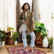 Plus Size Velvet Kimono Robe: Ochre Bloom Cotton Duster Coat - Mei - Image 5