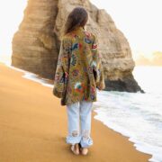 Plus Size Velvet Kimono Robe: Ochre Bloom Cotton Duster Coat - Mei - Image 9