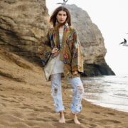 Plus Size Velvet Kimono Robe: Ochre Bloom Cotton Duster Coat - Mei - Image 7