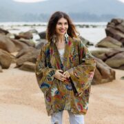 Plus Size Velvet Kimono Robe: Ochre Bloom Cotton Duster Coat - Mei - Image 4