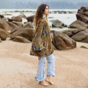 Plus Size Velvet Kimono Robe: Ochre Bloom Cotton Duster Coat - Mei - Image 2