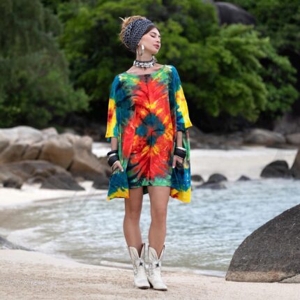 Plus Size Tie-Dye Cotton Caftan Tunic: Boho Festival Dress - Celestia