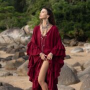 Plus Size Boho Kaftan Maxi Dress: Garnet Rose Lace Trim Rayon Gown. Wild Heart - Image 4