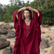 Plus Size Boho Kaftan Maxi Dress: Garnet Rose Lace Trim Rayon Gown. Wild Heart - Image 5