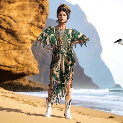Handmade Tiedye Fringe Kaftan: Boho Festival Cotton Poncho - Arlo