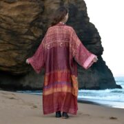 Boho Silk Kimono Duster: Upcycled Vintage Sari Robe - Rust Rose Ochre - Mai - Image 8