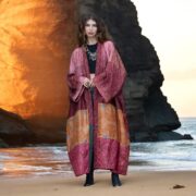 Boho Silk Kimono Duster: Upcycled Vintage Sari Robe - Rust Rose Ochre - Mai - Image 7