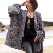 Plus Size Velvet Kimono Robe: Ochre Bloom Cotton Duster Coat - Mei - Image 4