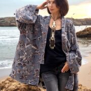 Plus Size Velvet Kimono Robe: Ochre Bloom Cotton Duster Coat - Mei - Image 10