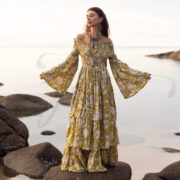 Boho Marigold Floral Maxi Dress: Off-Shoulder Cotton Wedding Gown - Lucia