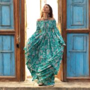 Aqua Bloom Cotton Maxi Dress: Boho Off-Shoulder Floral Gown - Lucia - Image 7