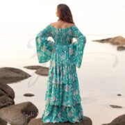Aqua Bloom Cotton Maxi Dress: Boho Off-Shoulder Floral Gown - Lucia - Image 3