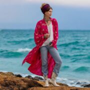 Magenta Bloom Kimono Robe: Gold Floral Bridal Cover-Up - Alura - Image 7