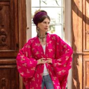 Magenta Bloom Kimono Robe: Gold Floral Bridal Cover-Up - Alura - Image 6