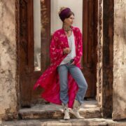 Magenta Bloom Kimono Robe: Gold Floral Bridal Cover-Up - Alura - Image 5