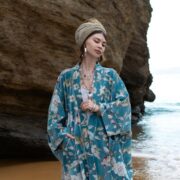 Plus Size Velvet Kimono Duster: Serene Sky Floral Boho Robe - Harper Jade - Image 6