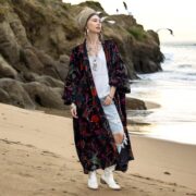 Plus Size Velvet Kimono Duster: Midnight Flora Boho Robe - Harper Jade