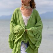 Avocado Green Ruffle Kimono Duster: Boho Raw Cotton Plus Size Robe. Bali - Image 6