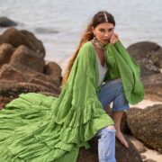 Avocado Green Ruffle Kimono Duster: Boho Raw Cotton Plus Size Robe. Bali - Image 5