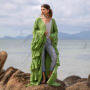 Avocado Green Ruffle Kimono Duster: Boho Raw Cotton Plus Size Robe. Bali